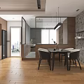 Modern Minimalist Dining and Living Room Interior With Wooden Flooring Glass Partition And Pendant Light