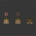 Cartoon Scenery With Three Traditional Style Wooden Buildings Green Roofs Red Flags And Stone Steps