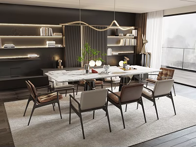 Dark Restaurant Interior With Marble Dining Table Chairs Bookshelves Pendant Lights Large Window And Plants 3d model