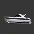 Modern Blue and White Yacht with Black Canopy Sea Voyager and Outboard Engines