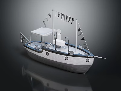 Wooden Boat With White Hull Black Trim Canopy Top And Side Flags 3d model
