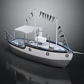 Wooden Boat With White Hull Black Trim Canopy Top And Side Flags