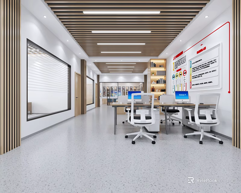 Modern Public Office Space With Open Layout Desks Computers Bookshelves And Whiteboards 3d model 