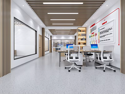 Modern Public Office Space With Open Layout Desks Computers Bookshelves And Whiteboards 3d model