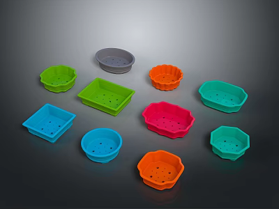 Colorful Plastic Plant Pots In Assorted Colors Various Shapes With Drainage Holes 3d model