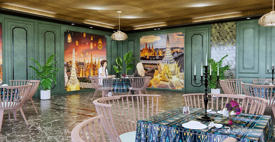 Thai Style Café Interior With Green Walls Hanging Lamps Wooden Chairs And Plants 3d model 