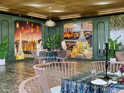 Thai Style Café Interior With Green Walls Hanging Lamps Wooden Chairs And Plants 3d model