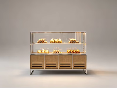 Bakery Display Cabinet With Glass Doors And Wooden Base Holding Fresh Bread On Multiple Shelves 3d model