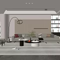 Modern Minimalist Living Room With Beige Sofa Round Coffee Table Floor Lamp Bookshelf And Rug