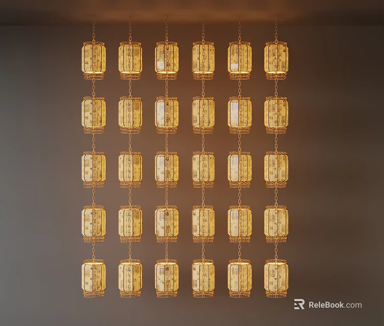 Hanging Golden Square Lanterns Arranged in Rows With Textured Surface on Gray Wall 3d model