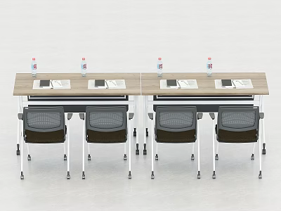 Modern Office Conference Table With Black Chairs Documents And Water Bottles In Meeting Room Setup 3d model