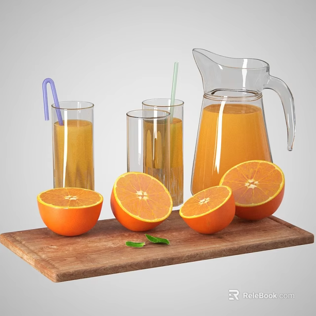 Fresh Orange Juice In Glasses And Pitcher With Sliced Oranges On Wooden Cutting Board 3d model 