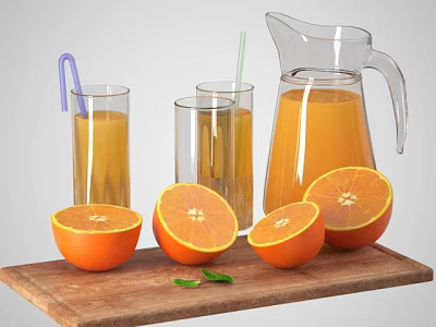 Fresh Orange Juice In Glasses And Pitcher With Sliced Oranges On Wooden Cutting Board 3d model