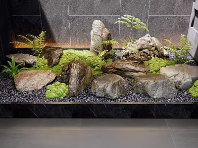 Natural Garden Ornament with Stones Green Plants Moss and Black Gravel on Gray Tile Background 3d model