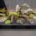 Natural Garden Ornament with Stones Green Plants Moss and Black Gravel on Gray Tile Background