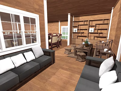Hotel Guest Room Modern Interior With Comfortable Sofa Large Windows And Wooden Bookshelves 3d model