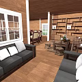 Hotel Guest Room Modern Interior With Comfortable Sofa Large Windows And Wooden Bookshelves