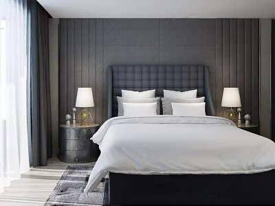 Double Bed with Dark Headboard White Bedding and Table Lamps on Nightstands in Modern Bedroom 3d model