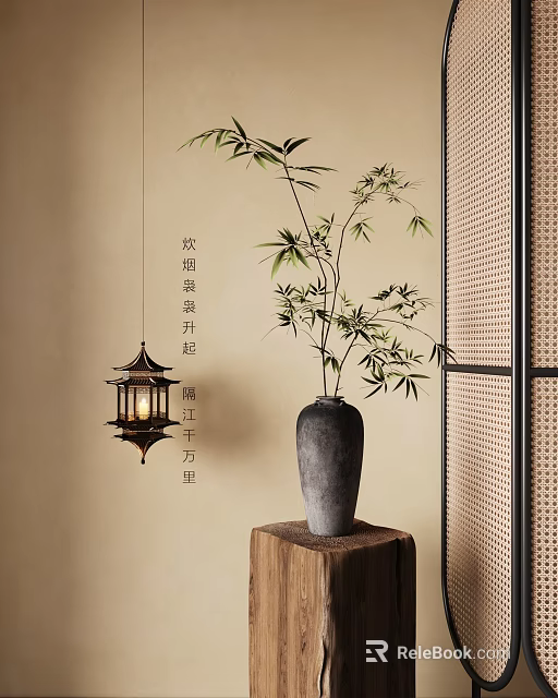 Elegant Gray Vase With Bamboo On Wooden Stand And Lantern Near Lattice Screen 3d model 