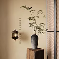 Elegant Gray Vase With Bamboo On Wooden Stand And Lantern Near Lattice Screen