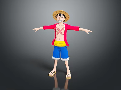 Man Wearing Straw Hat Open Red Coat Yellow Belt Blue Shorts Sandals with Arms Outstretched 3d model