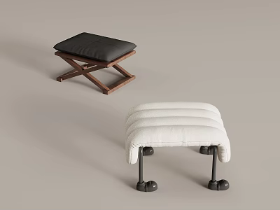 Black And White Stools With Padded Seats Wooden Cross Legs Pleated Design And Metal Legs 3d model