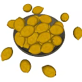 Fresh Ripe Yellow Lemons in Ceramic Bowl Scattered Around Black Surface