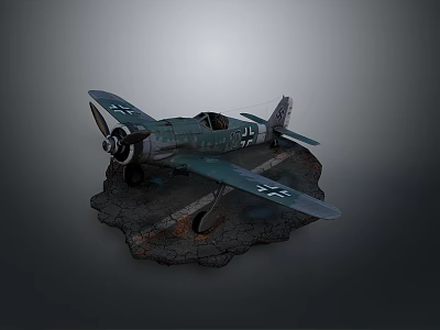 Vintage Dark Green Fighter Aircraft 3D Model With Rock Base And Propeller 3d model