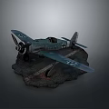 Vintage Dark Green Fighter Aircraft 3D Model With Rock Base And Propeller