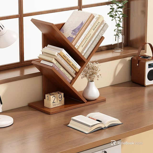 Wooden Bookshelf With Stacked Books White Vase Dried Flowers And Open Book On Table 3d model 