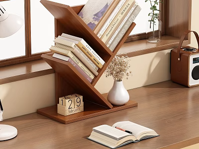 Wooden Bookshelf With Stacked Books White Vase Dried Flowers And Open Book On Table 3d model