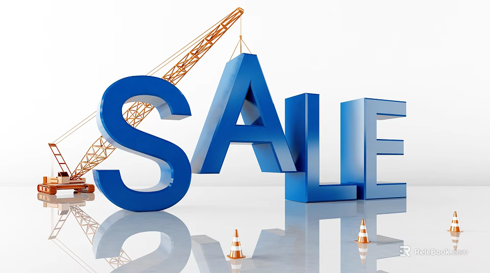 Sale Event Display With Large 3D Letters Crane And Traffic Cones On Reflective Floor 3d model 