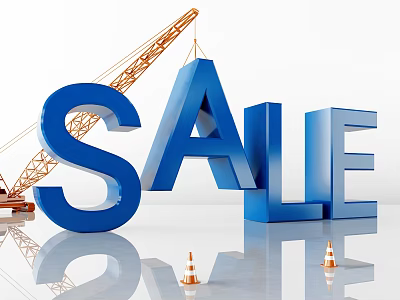 Sale Event Display With Large 3D Letters Crane And Traffic Cones On Reflective Floor 3d model
