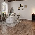 Cozy Living Room Interior with Fireplace Armchair Throw Pillows Ottoman Window Curtains and Rug