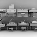 Various Musical Instruments Featuring Upright And Grand Pianos In Black White With Stools