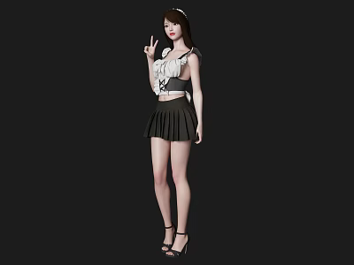 Young Woman With Long Hair Making Peace Sign Wearing Camisole Pleated Skirt And High Heels 3d model