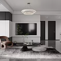 Modern Living and Dining Room Interior With Round Chandelier Sectional Sofa and Coffee Table