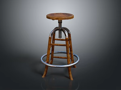 Rustic Wooden Stool With Round Seat Metal Adjustment Lever Footrest Ring And Natural Legs 3d model