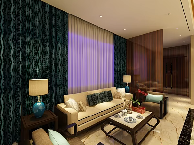 Elegant Private Box Interior With Sofa Coffee Table Purple Curtains And Dark Patterned Walls 3d model