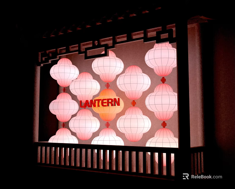 Popular Photo Check in Spot with Pink Lanterns Traditional Chinese Window Frame and Orange Lantern 3d model 