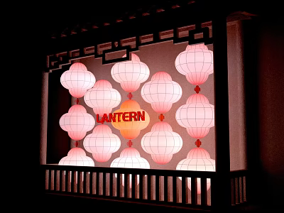 Popular Photo Check in Spot with Pink Lanterns Traditional Chinese Window Frame and Orange Lantern 3d model