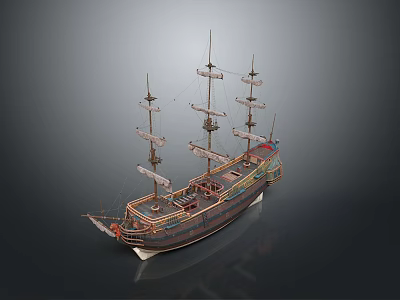 Detailed Wooden Sailing Ship Model With Multiple Masts And Decorative Elements 3d model