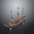 Detailed Wooden Sailing Ship Model With Multiple Masts And Decorative Elements