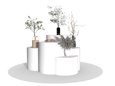 Modern White Tiered Display Shelves With Decorative Green Plants And Vases 3d model