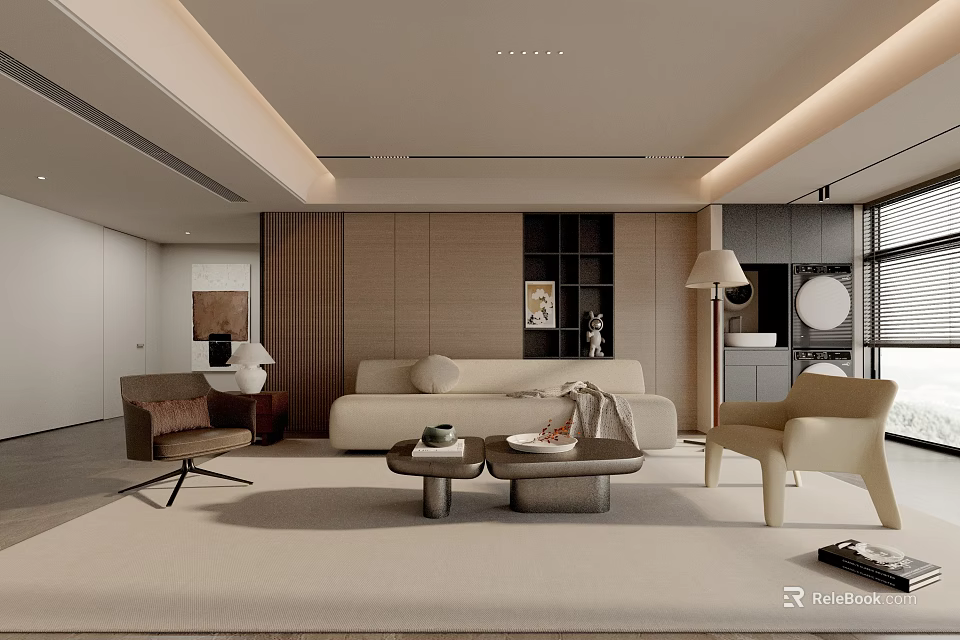 Modern Living Room Interior With Beige Sofa Coffee Table Accent Chair And Wooden Wall Design 3d model 