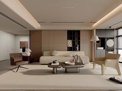 Modern Living Room Interior With Beige Sofa Coffee Table Accent Chair And Wooden Wall Design 3d model