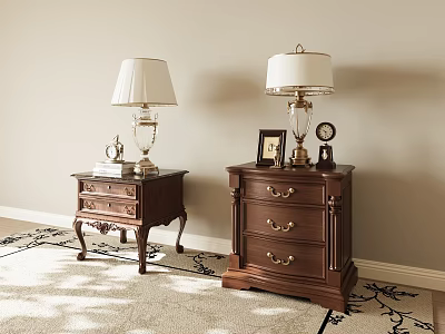 Classic Wooden Bedside Tables With Table Lamps Photo Frame Clock And Books 3d model