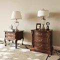 Classic Wooden Bedside Tables With Table Lamps Photo Frame Clock And Books