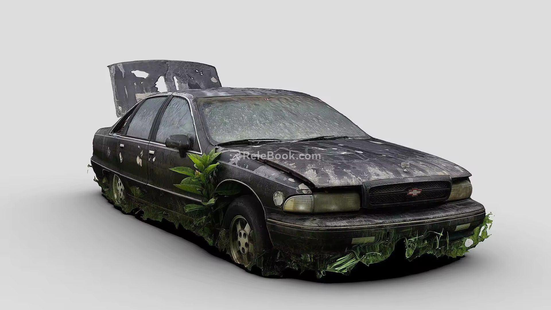 a black sedan overgrown with weeds 3d model