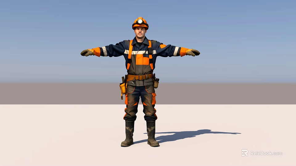 Man In Black And Orange Miner Uniform With Hard Hat Arms Outstretched Against Blue Sky 3d model 